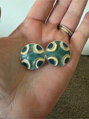 Teal and Cream Round Enamel Stud Earrings